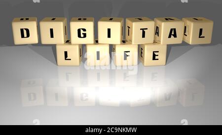 3D-Darstellung des digitalen Lebens mit Ikone an der Wand und Text, angeordnet durch metallische kubische Buchstaben auf einem Spiegelboden für Konzeptbedeutung und Diashow-Präsentation. Illustration und Hintergrund Stockfoto
