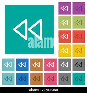 Medien schnell rückwärts mehrfarbige flache Symbole auf einfachen quadratischen Hintergründen. Weiße und dunklere Symbolvarianten für schwebe- oder aktive Effekte. Stock Vektor