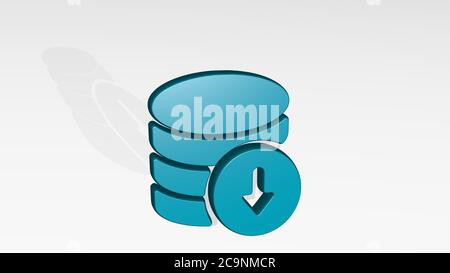 Datenbank-Download aus einer Perspektive mit dem Schatten. Eine dicke Skulptur aus metallischen Materialien von 3D-Rendering. Illustration und Konzept Stockfoto