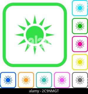Sun lebendige farbige flache Symbole in geschwungenen Rändern auf weißem Hintergrund Stock Vektor