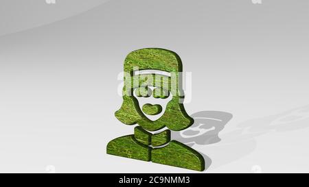 BERUFE FRAU BELLBOY werfen Schatten mit zwei Lichtern. 3D-Illustration von metallischen Skulptur auf einem weißen Hintergrund mit milder Textur. Icon und Set Stockfoto