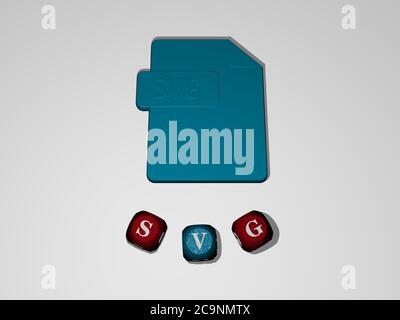 3D-Darstellung von SVG mit Symbol an der Wand und Text angeordnet durch metallische kubische Buchstaben auf einem Spiegelboden für Konzept Bedeutung und Diashow-Präsentation. Illustration und Datei Stockfoto