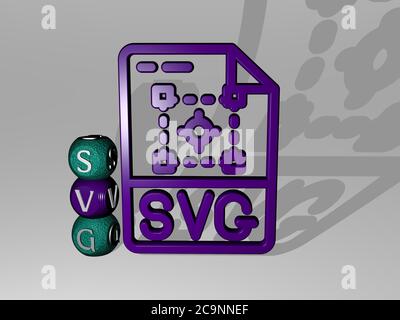 3D-Darstellung von svg mit Symbol an der Wand und Text angeordnet durch metallische kubische Buchstaben auf einem Spiegelboden für Konzept Bedeutung und Diashow-Präsentation. Illustration und Datei Stockfoto