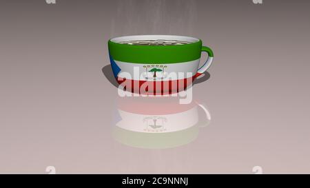 ÄQUATORIALGUINEA platziert auf einer Tasse heißen Kaffee in einer 3D-Darstellung auf dem Boden gespiegelt mit einer realistischen Perspektive und Schatten Stockfoto