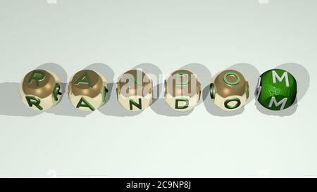 ZUFÄLLIGE Kombination aus Würfelbuchstaben und Farbübergang für die damit verbundenen Bedeutungen des Konzepts. Hintergrund und Illustration. 3D-Illustration Stockfoto