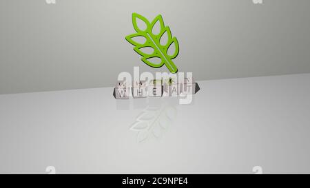 3D-Grafik-Bild von Weizen vertikal zusammen mit Text von metallischen kubischen Buchstaben aus der oberen Perspektive gebaut, ausgezeichnet für das Konzept Präsentation und Diashows. Feld und Landwirtschaft Stockfoto