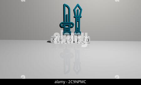 3D-Illustration von Schwert Grafiken und Text von metallischen Würfel Buchstaben für die damit verbundenen Bedeutungen des Konzepts und Präsentationen gemacht. Hintergrund und alt Stockfoto