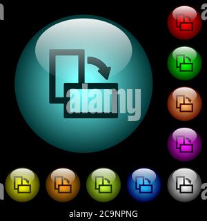 Drehen Sie die Symbole nach rechts in farbigen, kugelförmigen Glastasten auf schwarzem Hintergrund. Kann für schwarze oder dunkle Vorlagen verwendet werden Stock Vektor