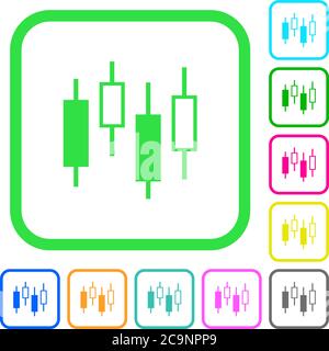 Candlestick Chart lebendige farbige flache Symbole in geschwungenen Rändern auf weißem Hintergrund Stock Vektor
