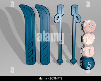 3D-Darstellung von Skiern mit Ikone an der Wand und Text angeordnet durch metallische kubische Buchstaben auf einem Spiegelboden für Konzept Bedeutung und Diashow-Präsentation. Winter und Illustration Stockfoto