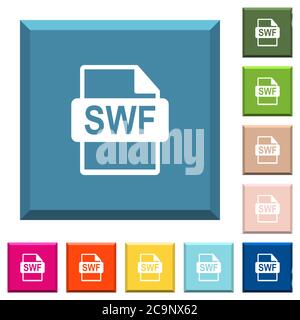 SWF-Dateiformat weiße Symbole auf kantigen quadratischen Tasten in verschiedenen trendigen Farben Stock Vektor