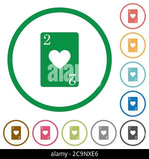 Zwei der Herzen Karte flache Farbe Symbole in runden Umrissen auf weißem Hintergrund Stock Vektor