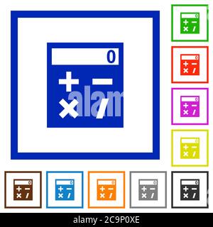 Taschenrechner flache Farbsymbole in quadratischen Rahmen auf weißem Hintergrund Stock Vektor