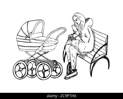 Mutter in warmer Jacke mit Telefon sitzend auf Bank in der Nähe von Baby-Wagen, handgezeichnete Doodle Tiefdruck Vintage-Stil, Skizze, Umriss Illustration Stockfoto