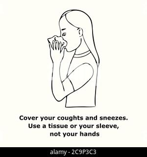 Decken Sie Ihre Husten und Niesen. Verwenden Sie ein Gewebe oder Ihren Ärmel, nicht Ihre Hände, skizzieren einfache Doodle Zeichnung der Empfehlung Stockfoto
