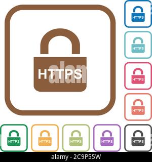 Sicheres https-Protokoll Einfache Symbole in abgerundeten farbigen quadratischen Rahmen auf weißem Hintergrund Stock Vektor