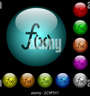 Funktionssymbole in farbig beleuchteten kugelförmigen Glastasten auf schwarzem Hintergrund. Kann für schwarze oder dunkle Vorlagen verwendet werden Stock Vektor