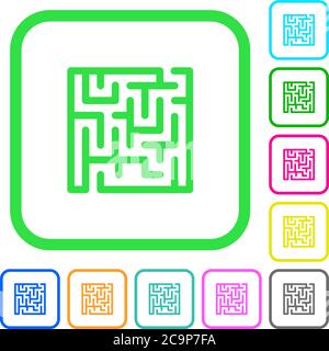 Labyrinth lebendige farbige flache Symbole in gekrümmten Rändern auf weißem Hintergrund Stock Vektor