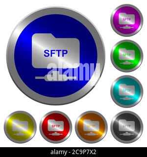 FTP über SSH-Symbole auf runden, leuchtenden, münzähnlichen farbigen Stahlknöpfen Stock Vektor