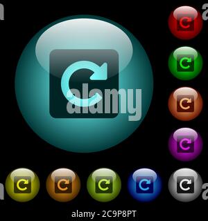 Drehen Sie die Symbole nach rechts in farbigen, kugelförmigen Glastasten auf schwarzem Hintergrund. Kann für schwarze oder dunkle Vorlagen verwendet werden Stock Vektor