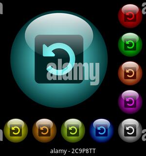 Drehen Sie die Symbole nach links in farbigen, kugelförmigen Glastasten auf schwarzem Hintergrund. Kann für schwarze oder dunkle Vorlagen verwendet werden Stock Vektor