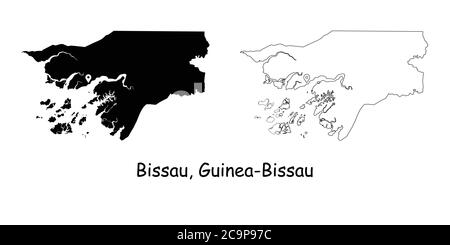 Bissau Guinea Bissau. Detaillierte Landkarte mit Lage Pin auf Hauptstadt. Schwarze Silhouette und Umrisskarten isoliert auf weißem Hintergrund. EPS-Vect Stock Vektor