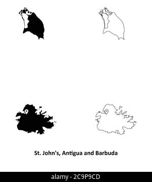 St. John's, Antigua und Barbuda. Detaillierte Landkarte mit Hauptstadt Stadt Lage Pin. Schwarze Silhouette und Umrisskarten isoliert auf weißem Hintergrund. E Stock Vektor