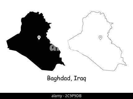 Bagdad Irak. Detaillierte Landkarte mit Lage Pin auf Hauptstadt. Schwarze Silhouette und Umrisskarten isoliert auf weißem Hintergrund. EPS-Vektor Stock Vektor