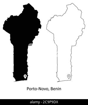 Porto-Novo Benin. Detaillierte Landkarte mit Lage Pin auf Hauptstadt. Schwarze Silhouette und Umrisskarten isoliert auf weißem Hintergrund. EPS-Vektor Stock Vektor