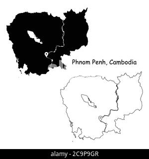 Phnom Penh Kambodscha. Detaillierte Landkarte mit Lage Pin auf Hauptstadt. Schwarze Silhouette und Umrisskarten isoliert auf weißem Hintergrund. EPS-Vecto Stock Vektor