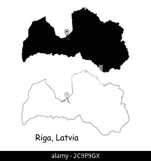 Riga Lettland. Detaillierte Landkarte mit Lage Pin auf Hauptstadt. Schwarze Silhouette und Umrisskarten isoliert auf weißem Hintergrund. EPS-Vektor Stock Vektor