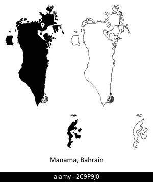 Manama Bahrain. Detaillierte Landkarte mit Hauptstadt Stadt Lage Pin. Schwarze Silhouette und Umrisskarten isoliert auf weißem Hintergrund. EPS-Vektor Stock Vektor