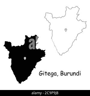 Gitega Burundi. Detaillierte Landkarte mit Lage Pin auf Hauptstadt. Schwarze Silhouette und Umrisskarten isoliert auf weißem Hintergrund. EPS-Vektor Stock Vektor