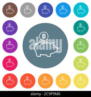 Bitcoin Sparschwein flache weiße Symbole auf runden farbigen Hintergründen. 17 Hintergrundfarbvarianten sind enthalten. Stock Vektor