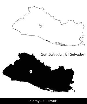 San Salvador El Salvador. Detaillierte Landkarte mit Lage Pin auf Hauptstadt. Schwarze Silhouette und Umrisskarten isoliert auf weißem Hintergrund. EPS Stock Vektor