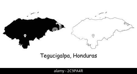 Tegucigalpa Honduras. Detaillierte Landkarte mit Lage Pin auf Hauptstadt. Schwarze Silhouette und Umrisskarten isoliert auf weißem Hintergrund. EPS-Vect Stock Vektor