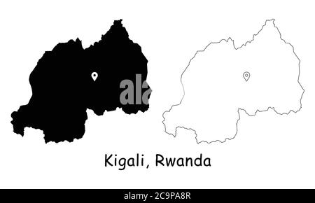 Kigali, Ruanda. Detaillierte Landkarte mit Lage Pin auf Hauptstadt. Schwarze Silhouette und Umrisskarten isoliert auf weißem Hintergrund. EPS-Vektor Stock Vektor