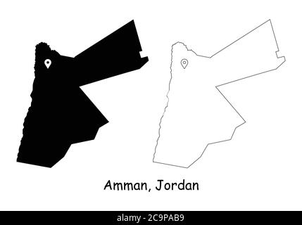 Amman Jordanien. Detaillierte Landkarte mit Lage Pin auf Hauptstadt. Schwarze Silhouette und Umrisskarten isoliert auf weißem Hintergrund. EPS-Vektor Stock Vektor