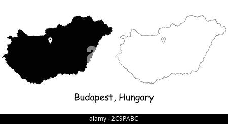Budapest Ungarn. Detaillierte Landkarte mit Lage Pin auf Hauptstadt. Schwarze Silhouette und Umrisskarten isoliert auf weißem Hintergrund. EPS-Vektor Stock Vektor