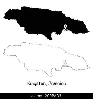 Kingston Jamaica. Detaillierte Landkarte mit Lage Pin auf Hauptstadt. Schwarze Silhouette und Umrisskarten isoliert auf weißem Hintergrund. EPS-Vektor Stock Vektor