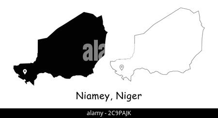 Niamey, Niger. Detaillierte Landkarte mit Lage Pin auf Hauptstadt. Schwarze Silhouette und Umrisskarten isoliert auf weißem Hintergrund. EPS-Vektor Stock Vektor