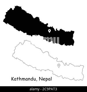 Kathmandu, Demokratische Bundesrepublik Nepal. Detaillierte Landkarte mit Lage Pin auf Hauptstadt. Schwarze Silhouette und Umrisskarten isoliert auf Stock Vektor