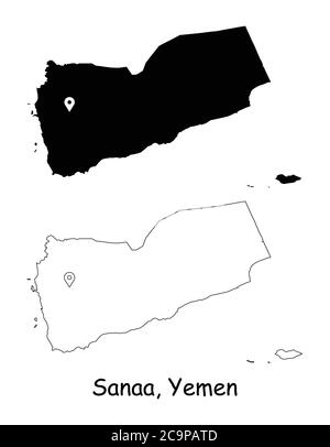 Sanaa, Jemen. Detaillierte Landkarte mit Lage Pin auf Hauptstadt. Schwarze Silhouette und Umrisskarten isoliert auf weißem Hintergrund. EPS-Vektor Stock Vektor