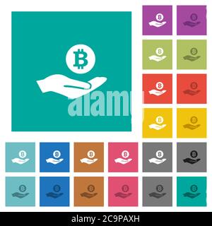 Bitcoin Ergebnis mehrfarbige flache Symbole auf einfachen quadratischen Hintergründen. Weiße und dunklere Symbolvarianten für schwebe- oder aktive Effekte. Stock Vektor