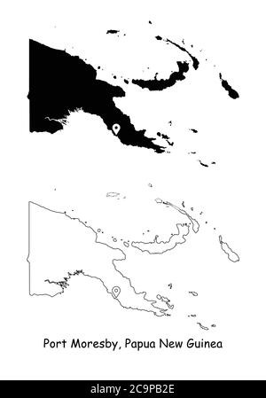 Port Moresby, Papua-Neuguinea. Detaillierte Landkarte mit Lage Pin auf Hauptstadt. Schwarze Silhouette und Umrisskarten isoliert auf weißem Hintergrund Stock Vektor