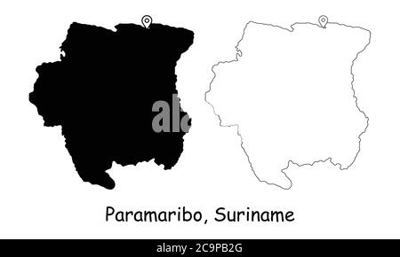 Paramaribo, Surinam. Detaillierte Landkarte mit Lage Pin auf Hauptstadt. Schwarze Silhouette und Umrisskarten isoliert auf weißem Hintergrund. EPS-Vect Stock Vektor
