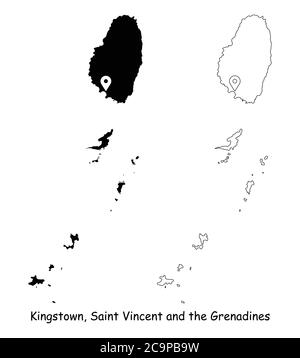 Kingstown, Saint Vincent und die Grenadinen. Detaillierte Landkarte mit Lage Pin auf Hauptstadt. Schwarze Silhouette und Umrisskarten isoliert auf Whi Stock Vektor