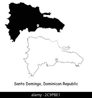Santo Domingo Dominikanische Republik. Detaillierte Landkarte mit Lage Pin auf Hauptstadt. Schwarze Silhouette und Umrisskarten isoliert auf weißem Hintergrund Stock Vektor