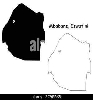 Mbabane Eswatini. Detaillierte Landkarte mit Lage Pin auf Hauptstadt. Schwarze Silhouette und Umrisskarten isoliert auf weißem Hintergrund. EPS-Vektor Stock Vektor