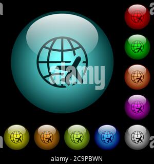 Weltreise-Symbole in Farbe beleuchtete kugelförmige Glas Tasten auf schwarzem Hintergrund. Kann für schwarze oder dunkle Vorlagen verwendet werden Stock Vektor
